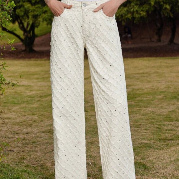 Casual Women's Wide Leg Textured Fringe Detail Palazzo denim  Pants - Picture 5 of 6